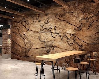 Wood Grain World Map Wallpaper Mural: Custom 3D Wall Art