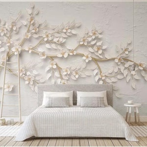 Papel pintado de árbol dorado en relieve: Mural de pared de flores blancas en 3D