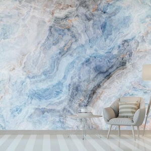 Abstract Blue Wave Marble Wallpaper, Hand Painted Marble Wall Murals Wall Decor for Living or Dinning Room