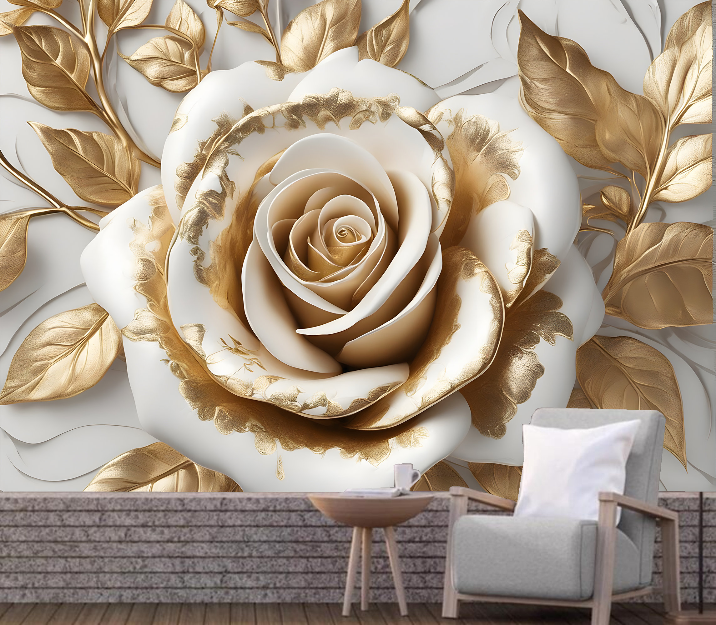 Gold Rose Floral Wallpaper Mural: Living Room Wall Decor - Etsy