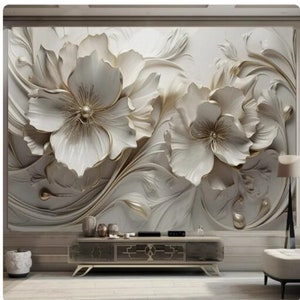 3D White Flower Relief Wallpaper Mural - Custom TV Backdrop