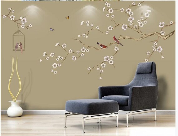 Flying Birds Wall Murals Wall Decor for Living or Dinning Room Chinoiserie Mural Plum Blossom Tree Wallpaper Flying Birds Wall Murals Wall Decor for Living or Dinning Room Chinoiserie Mural Plum Blossom Tree Wallpaper