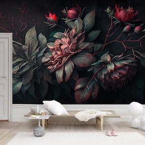 Dark Floral Peony Wallpaper Mural: Home Decor