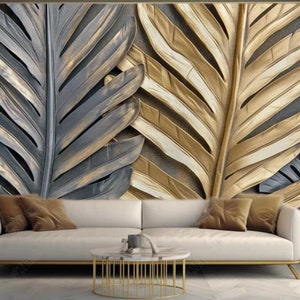 Carta da parati moderna minimalista dorata e argento con foglie di palma e foglie tropicali, decorazione per la casa per soggiorno o camera da letto, sala da pranzo