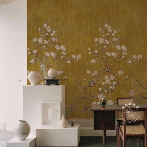 Chinoiserie Gold Vine Flowers with Birds Wallpaper Wall Mural Wall Decor