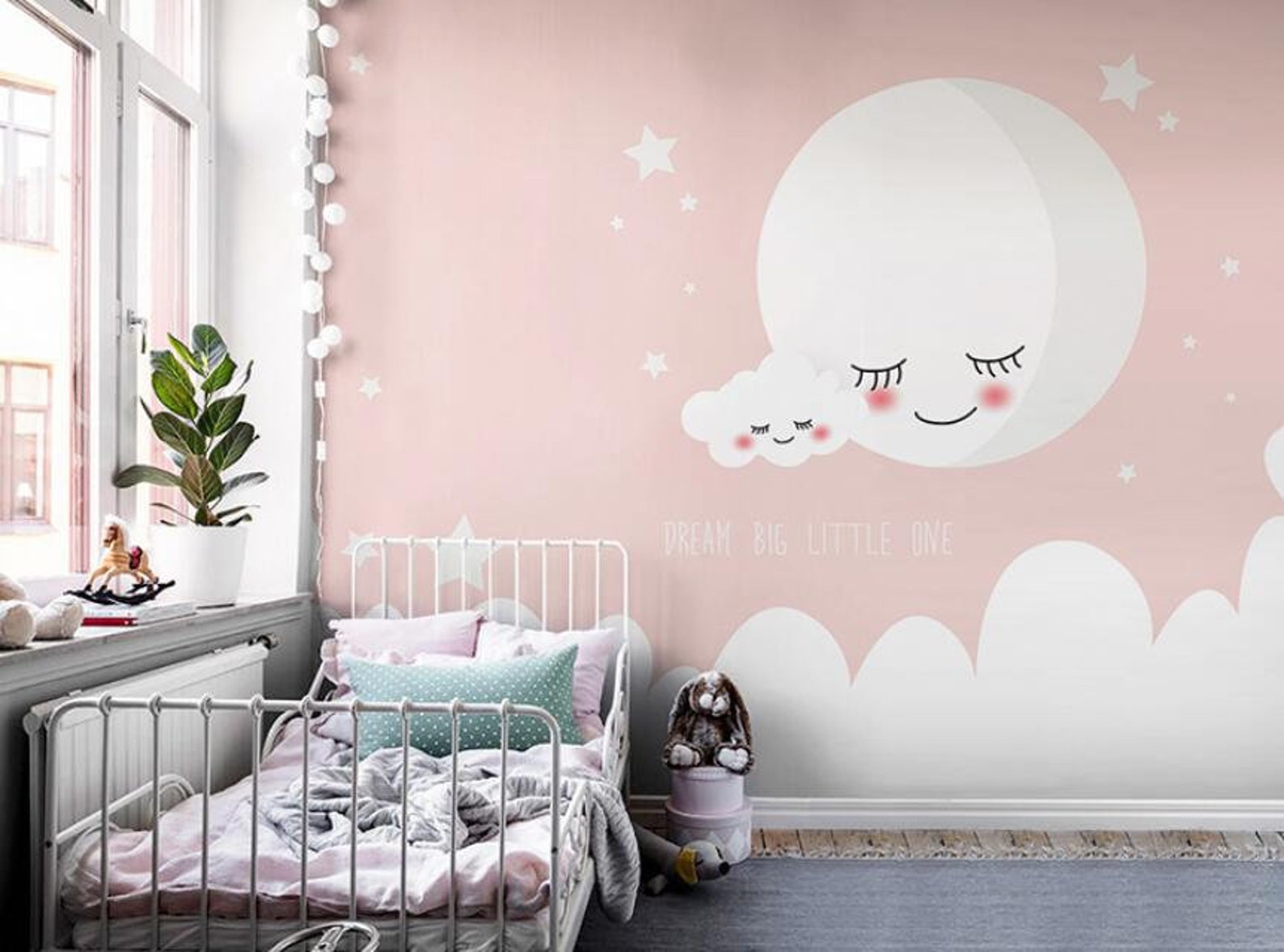 Pink Moon Nursery Wallpaper: Cartoon Stars & Clouds Wall Mural - Etsy
