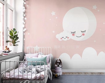 Elephant Nursery Wall Art 3Pcs Framed Nordic Moon Star Cloud Canvas Wall Art Pink Girls Bedroom Poster Modern Moon Star Cloud Nursery Cartoon Wall Art Canvas Kids Babyroom Wall Decor Frame Ready-301428