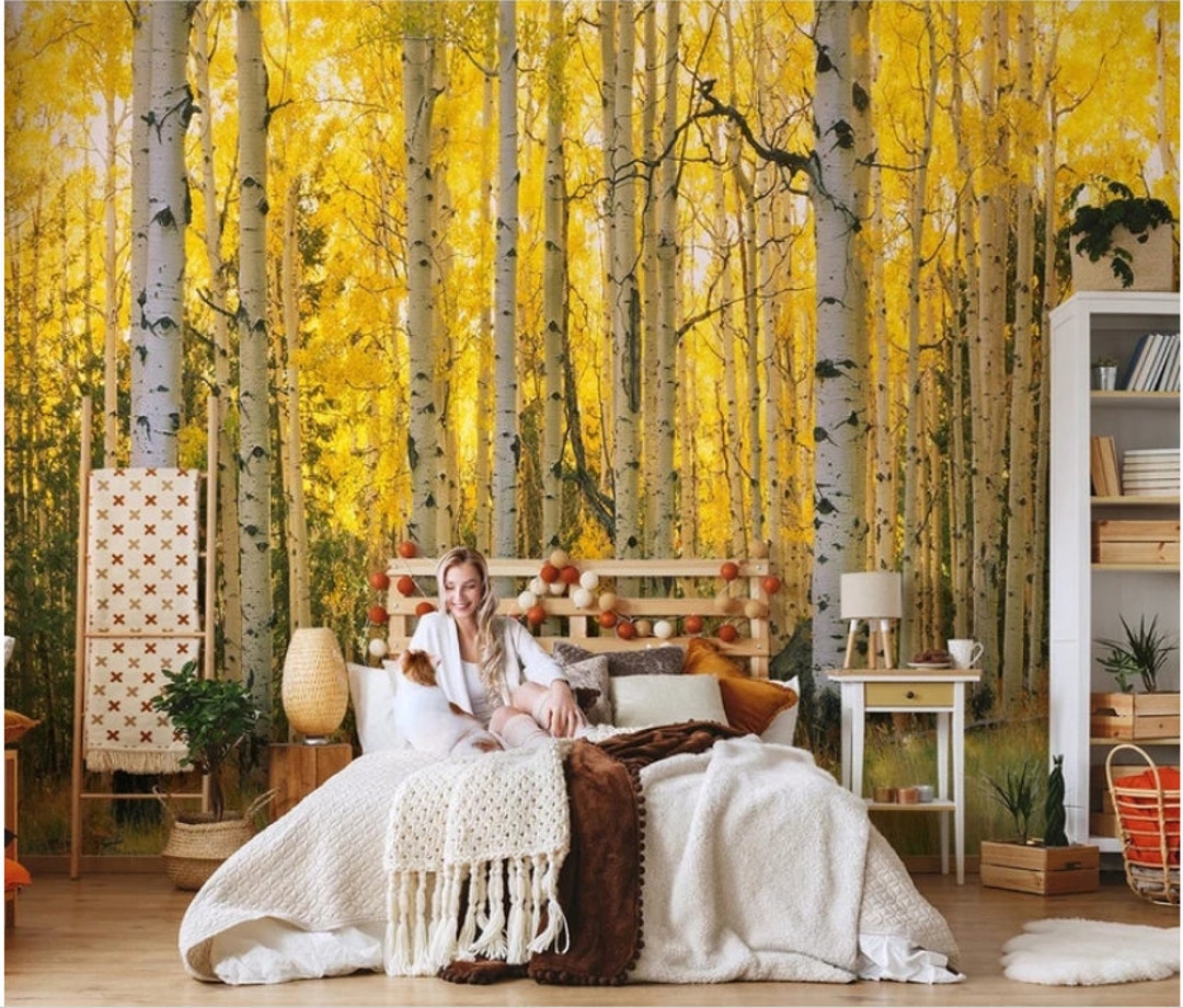 Oil Painting Effect Autumn Birches Trees Wallpaper Wall Mural - Etsy