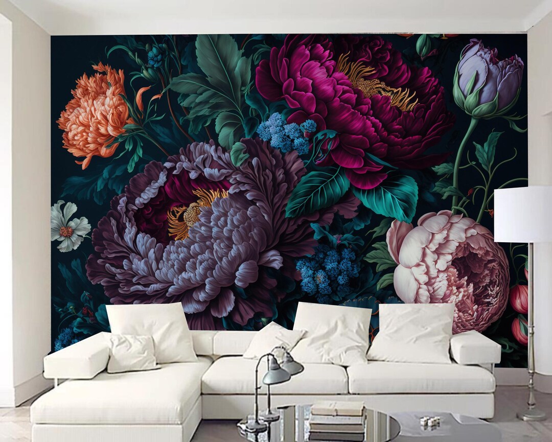 Dark Background Peony Flowers Floral Wallpaper Wall Mural Home Decor - Etsy