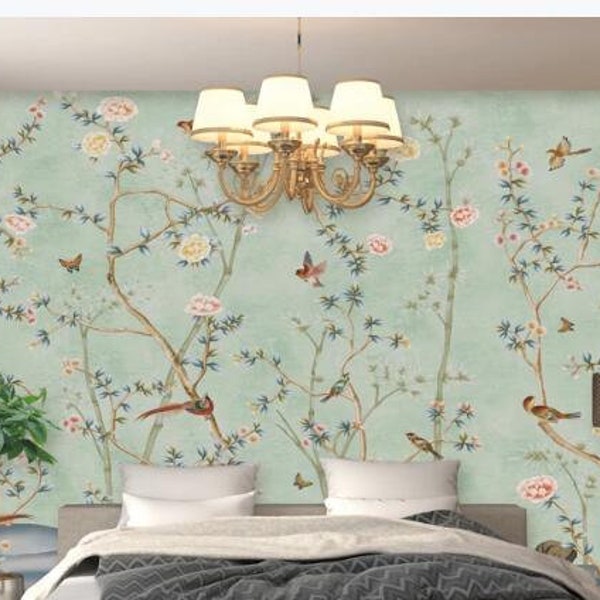 Chinoiserie Vine Flower Wallpaper, Handpainted Brushwork Birds and Pink Peony Flowers Wall Murals for Living or Dinning Room