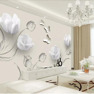 Custom 3D Tulip Butterfly Mural Wallpaper: Modern Home Decor