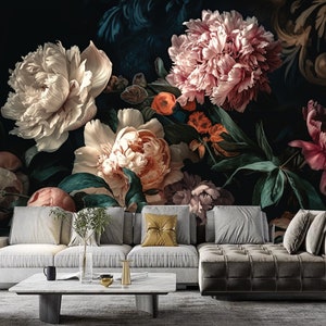 Dark Floral Peony Wallpaper Mural: Living Room Decor