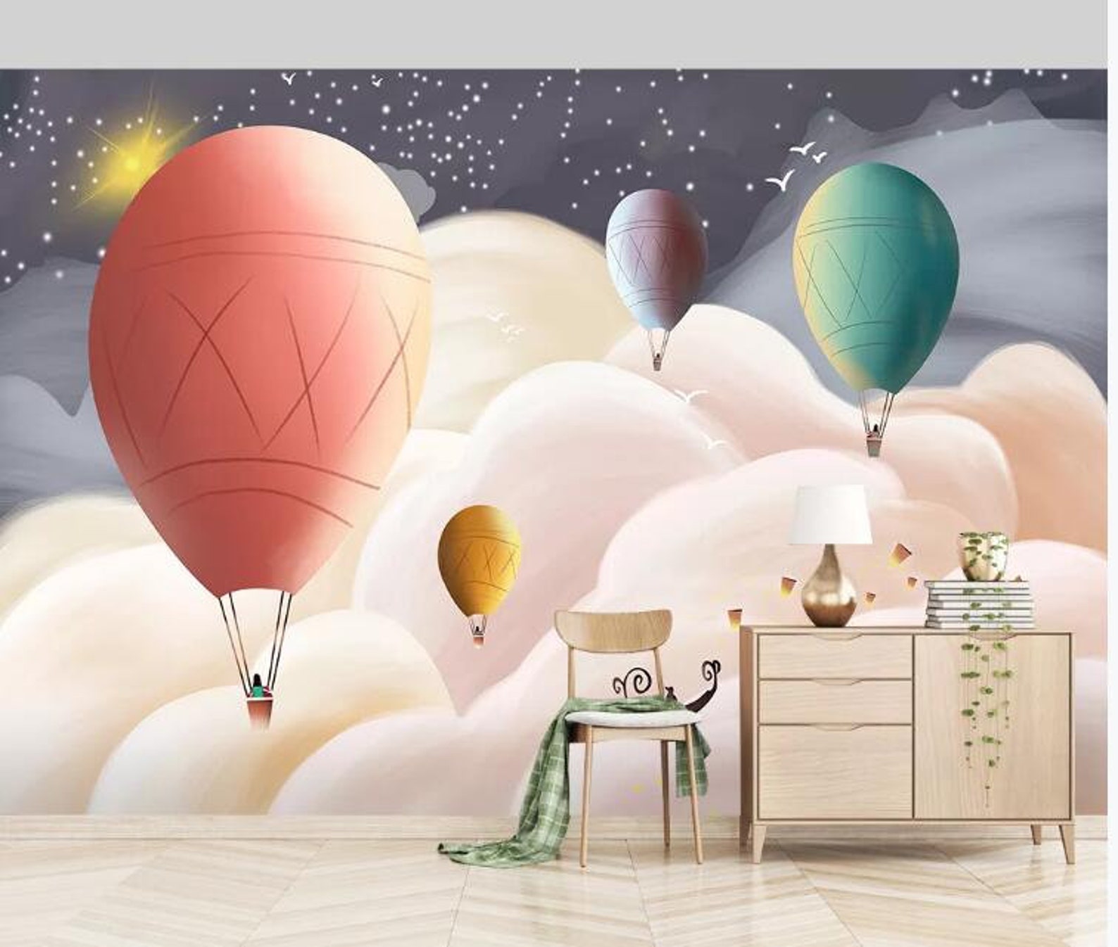 Handpainted Colorful Hot-air Balloon Nursery Wallpaper Pink | Etsy