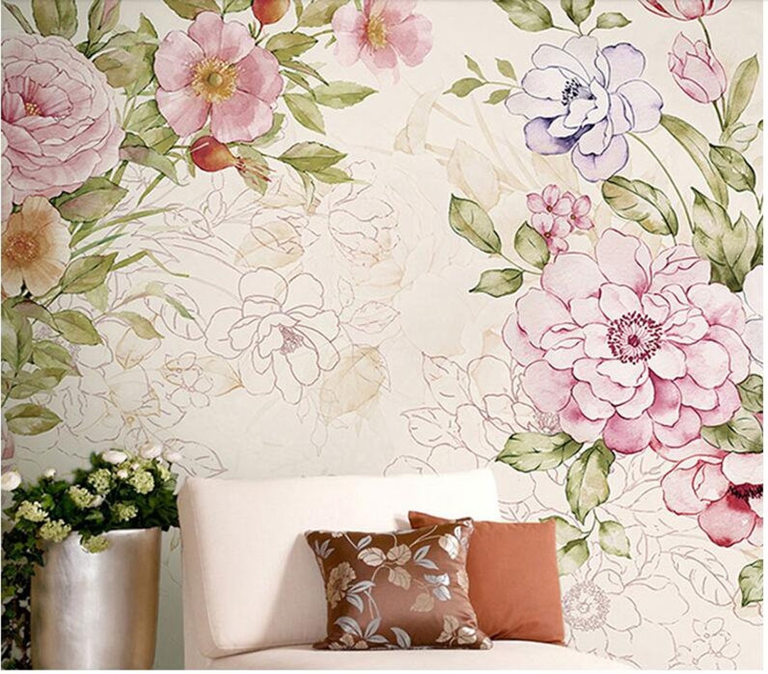 Watercolor Pink Rose Flowers Floral Wallpaper Wall Mural, Sketch ...