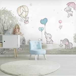 Cartoon Colorful Hot-air Balloon Nursery Wallpaper, Lovely Elephants and Bear Baby's or Room Kids' Room Wall Murals