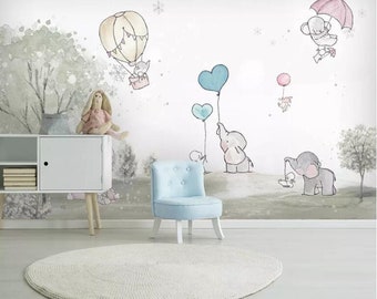 Cartoon Colorful Hot-air Balloon Nursery Wallpaper, Lovely Elephants and Bear Baby's or Room Kids' Room Wall Murals