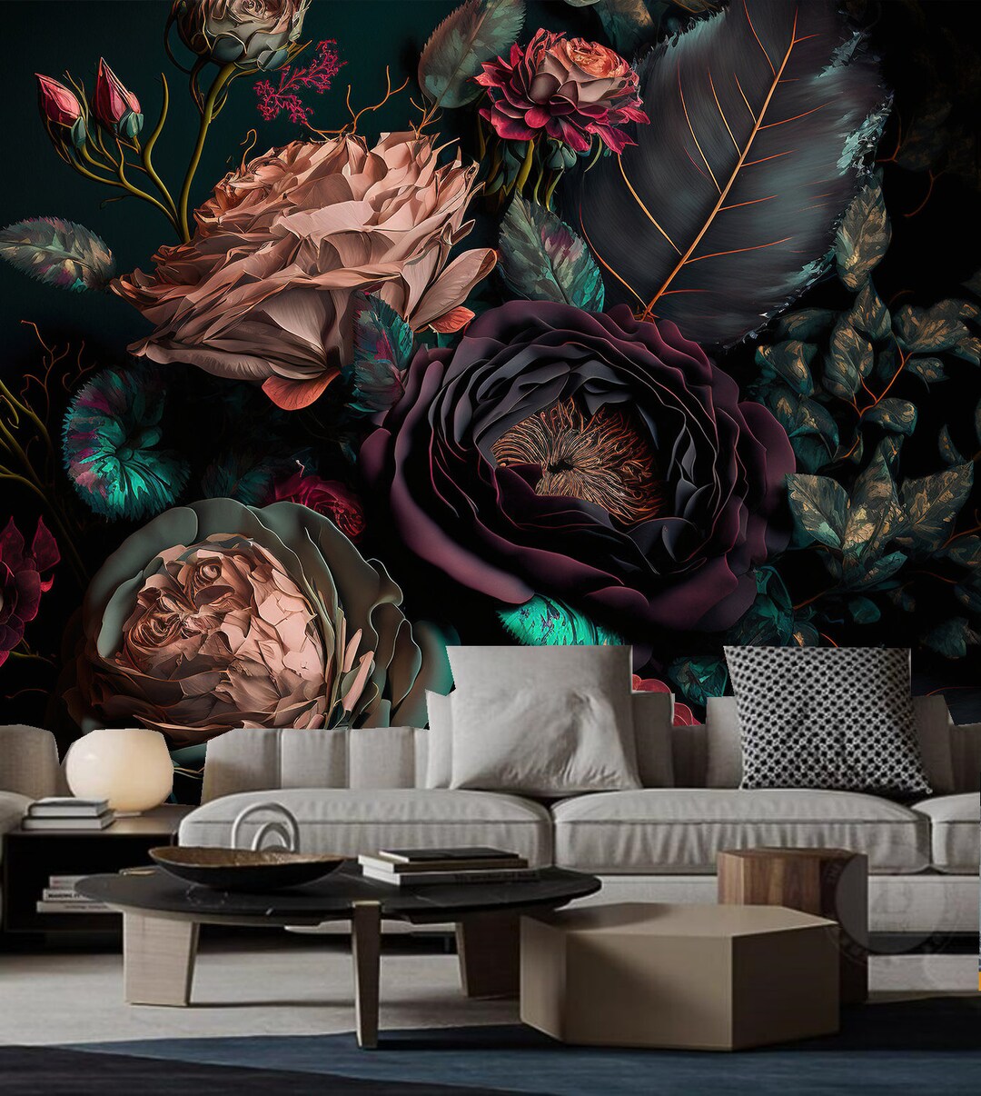 Dark Floral Peony Rose Wallpaper Mural: Home Decor - Etsy