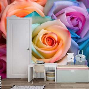 Rainbow Rose Floral Wallpaper Mural - Kids Nursery Decor