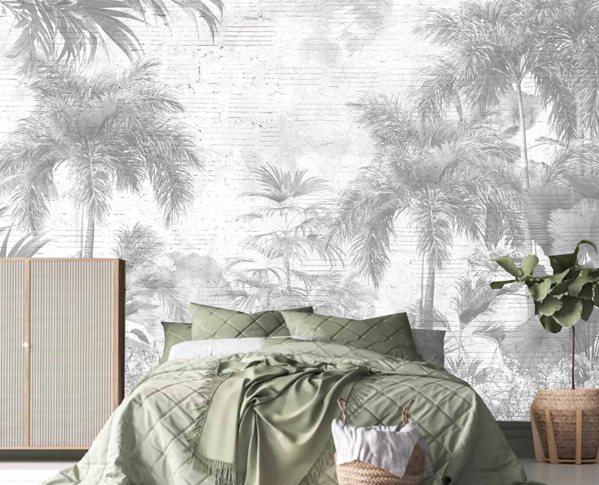 Tropical Palm Tree Wallpaper Mural: Grey Forest Brick Wall Decor - Etsy