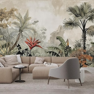 Mural de pared con paisaje de selva tropical, palmeras y plantas, decoración del hogar
