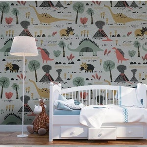 Simple Cartoon Dinosaur Nursery Wallpaper Lovely Dinosaur | Etsy