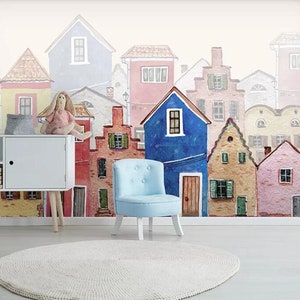 Watercolor Cartoon Town Nursery Wallpaper, Hand Painted Castle Buildings Baby' Room or Kids' Room Wall Murals Wall Decor