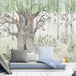Cartoon Willow Tree Wallpaper Mural: Nursery Woodland Animals