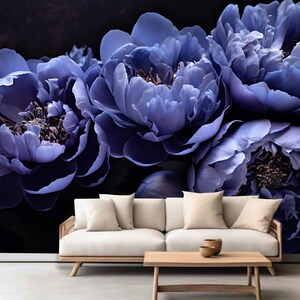 Mural de pared con flores de peonía y fondo oscuro para decoración del hogar