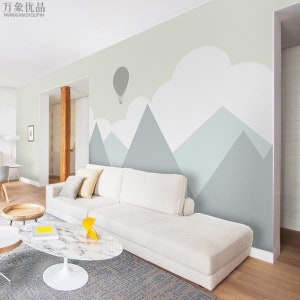 Mint Green Mountains with Clouds  Hot-air Balloon Wallpaper, Geometry Mountain Landscape Wallpaper Nursery Kids’ Room Baby' Room Wall Murals