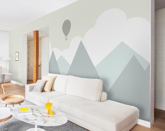 Mint Green Mountains with Clouds  Hot-air Balloon Wallpaper, Geometry Mountain Landscape Wallpaper Nursery Kids’ Room Baby' Room Wall Murals