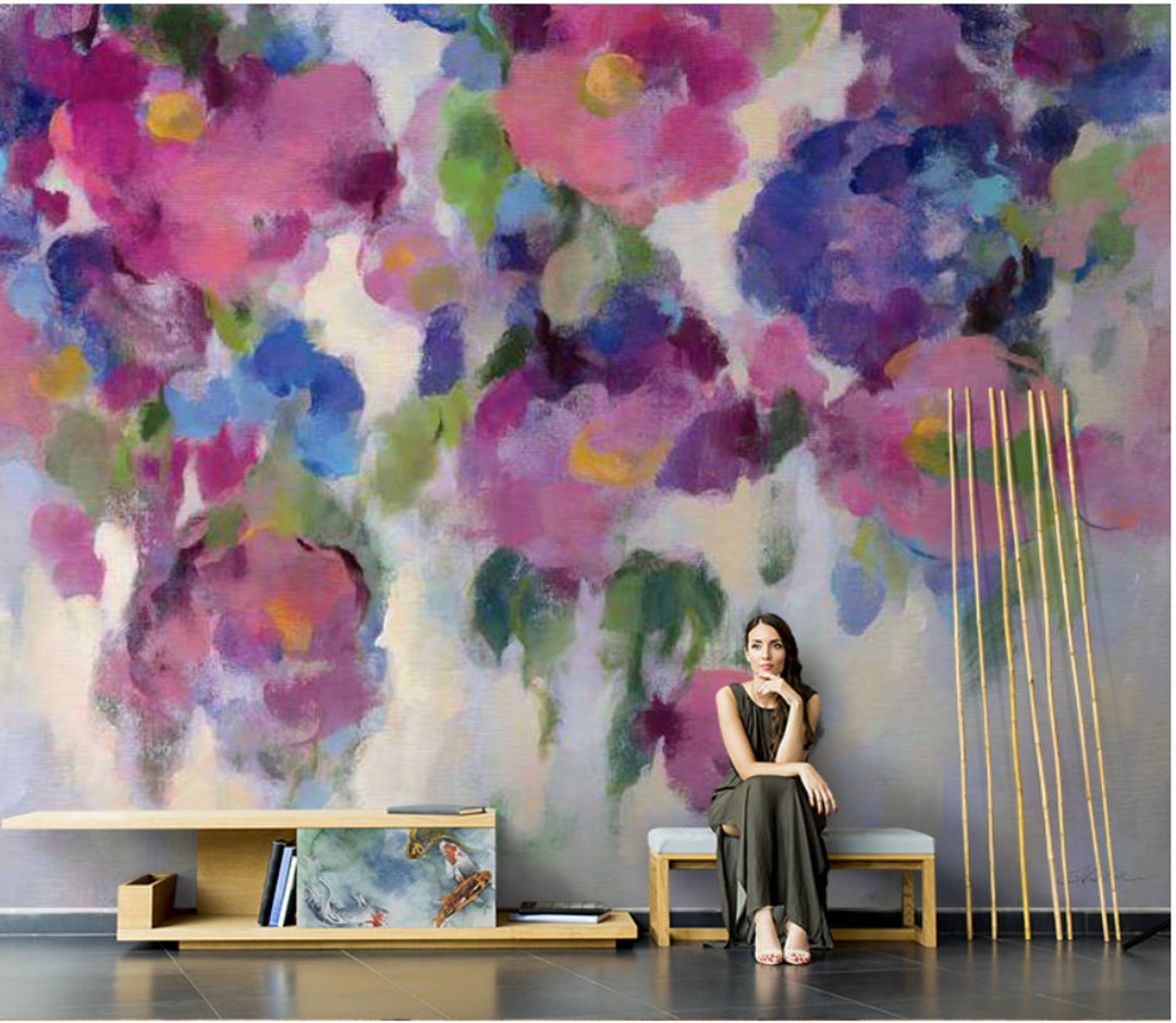 Watercolor Purple and Hot Pink Flowers Wallpaper Wall Murals for