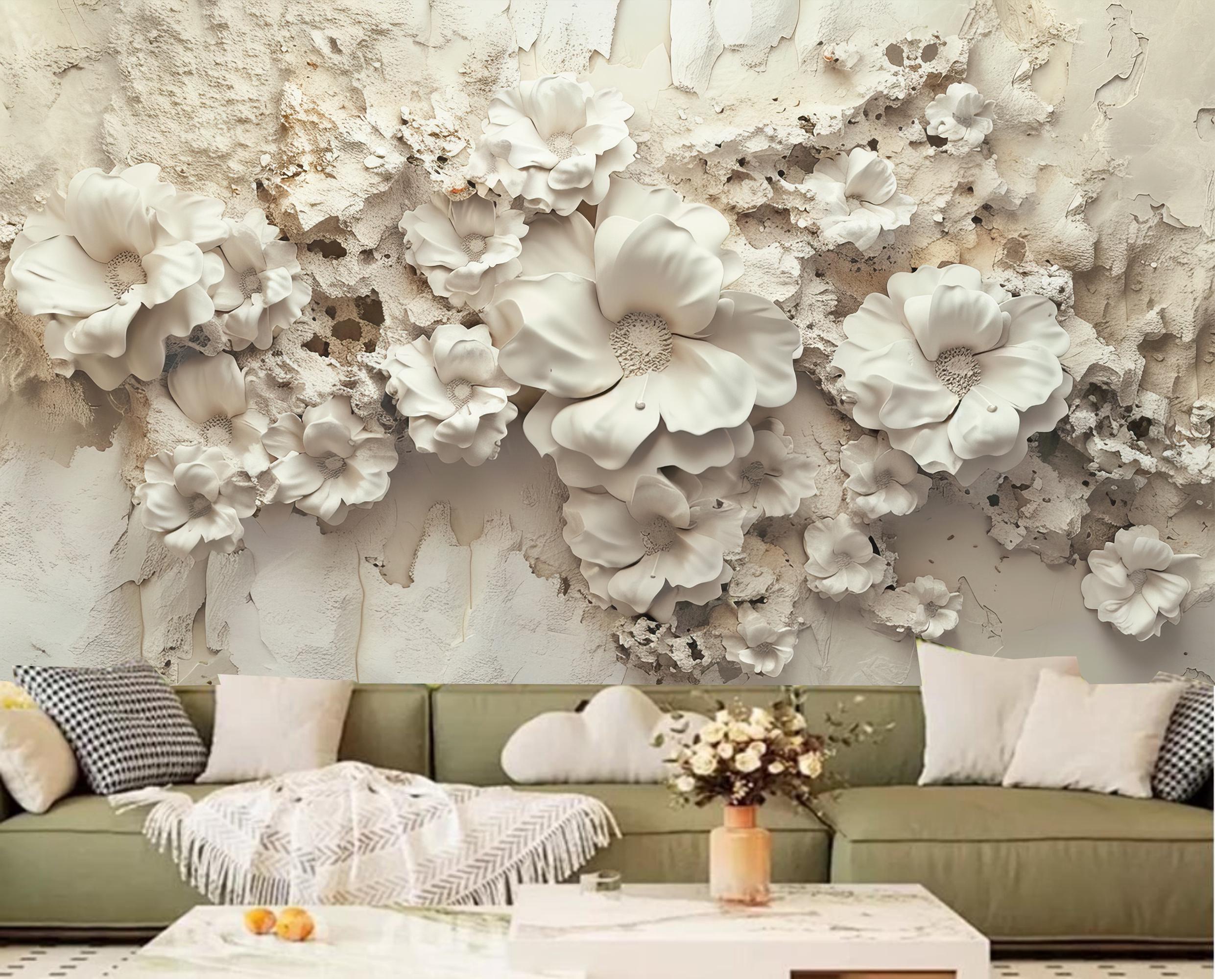 3D White Flowers Floral Wallpaper Wall Mural Home Decor - Etsy