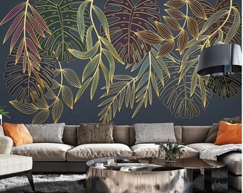 Tropical Rain Forest Banana Leaves Gold Lines Leaves Wall Mural, Hand Painted Tropical Leaves Wall Murals Wall Decor