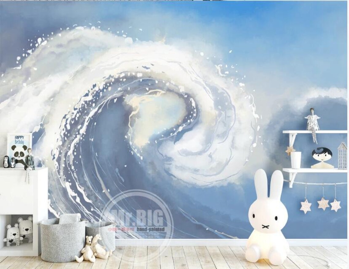 Hand Painted Blue Sea Nursery Wallpaper White Waves and Spray Etsy