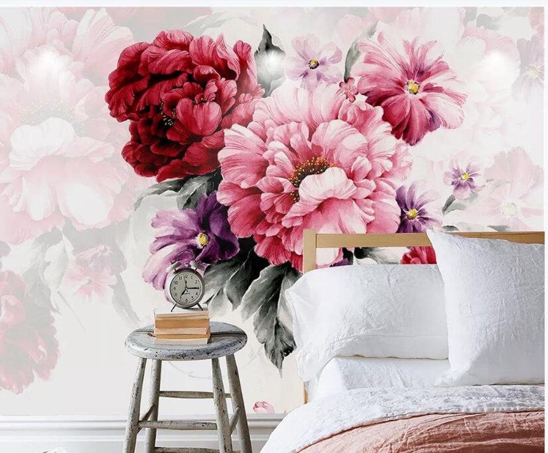 Watercolor Pink Peony Floral Wallpaper Mural: Handpainted Flower Wall ...