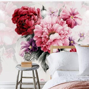 Watercolor Pink Peony Floral Wallpaper Mural: Handpainted Flower Wall Decor