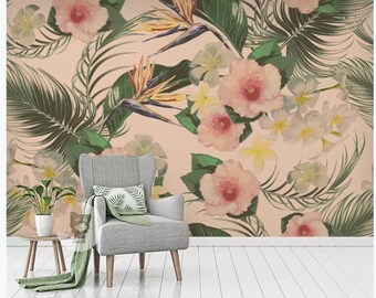 Watercolor Fresh Tropical Banana Leaves Wallpaper, Pink Flowers and Tropical Plants Wall Murals Wall Decor