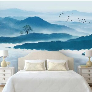 Blue Mountains with White Clouds Mural Wallpaper, Hand Painted Blue Mountains with Flying Birds and Boat Wall Murals Wall Decor