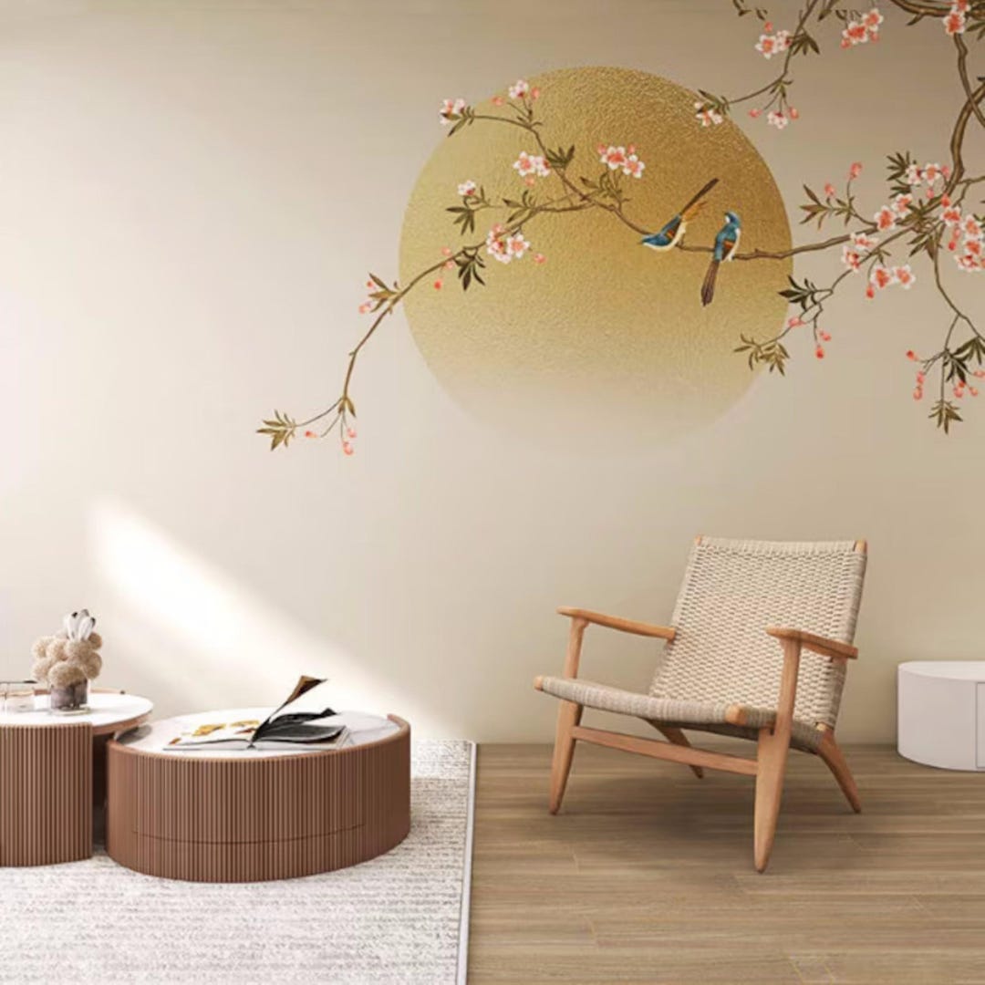 Chinoiserie Hanging Plum Blossom Tree With Birds Wallpaper Home Decor ...