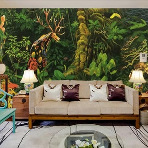 Tropical Rainforest Trees Forest and Tropical Plants Wallpaper, Handpainted Animal Herbs and Plants Jungle Bedroom Living Room Wall Murals