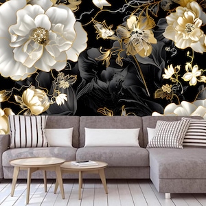 3D Dark Background White Flowers Floral Wallpaper Wall Mural Home Decor
