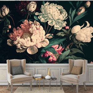 Dark Floral Peony Wallpaper Mural: Botanical Home Decor