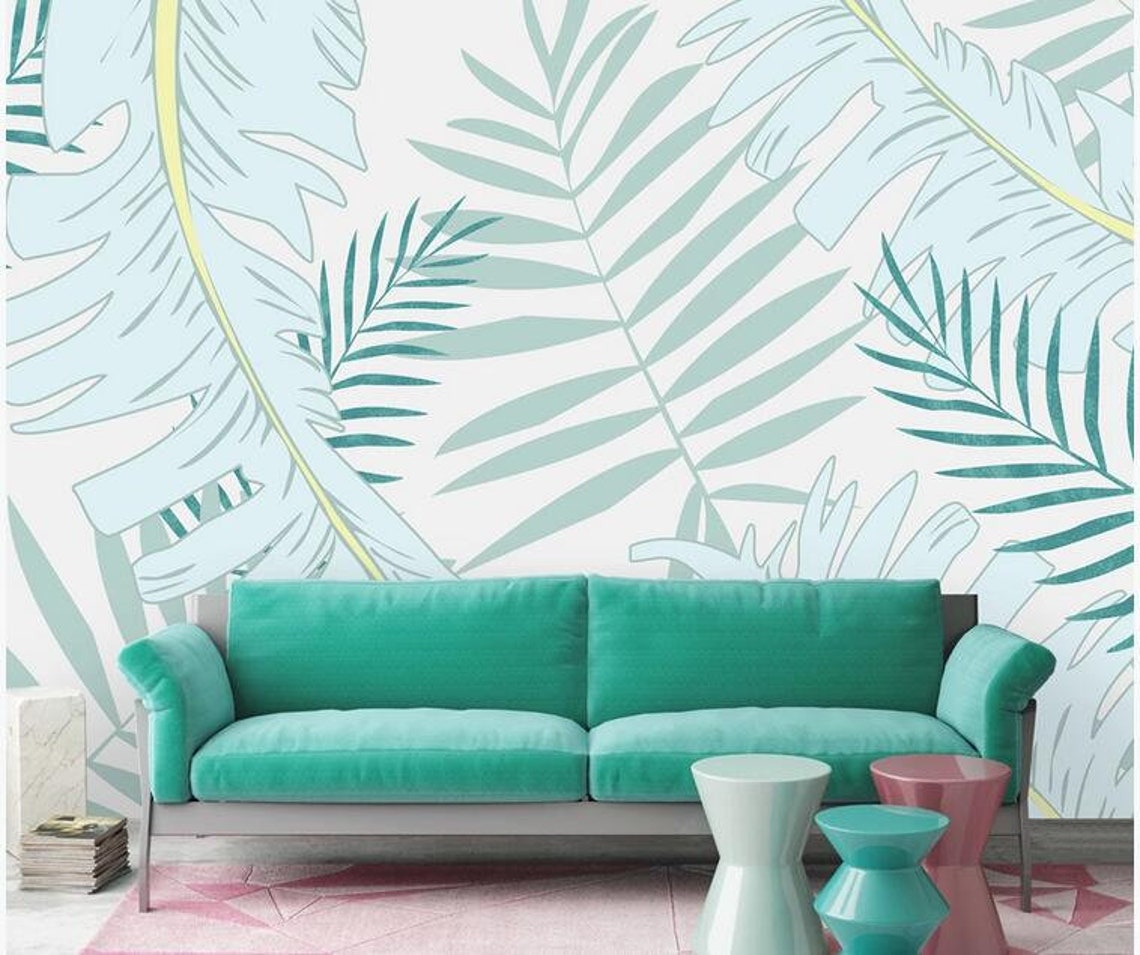 Fresh Simple Leaves Wallpaper Blue Tropical Leaf Wall Murals Etsy