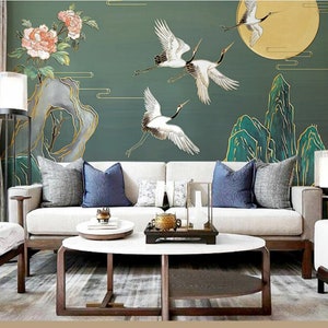 Chinoiserie Brushwork Green Background Mountains and Flowers with Cranes Wallpaper Home Decor Wall Murals