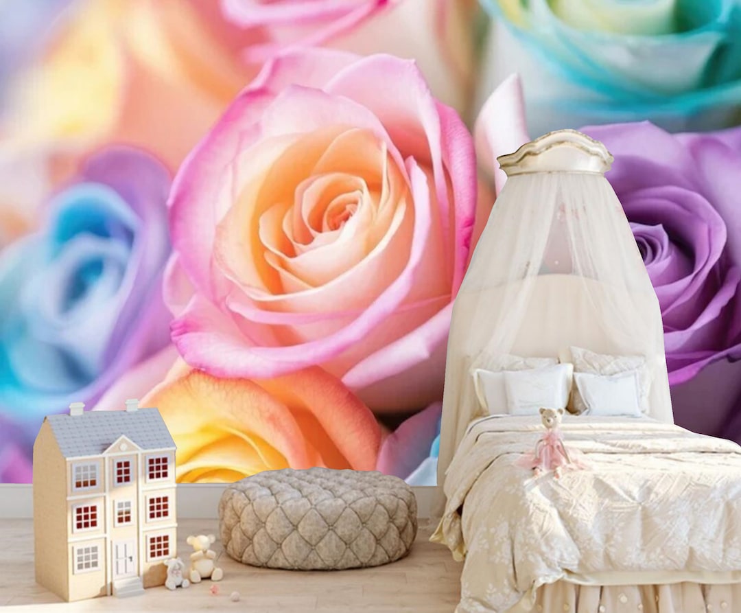 Rainbow Rose Floral Wallpaper Mural - Colorful Nursery Decor - Etsy