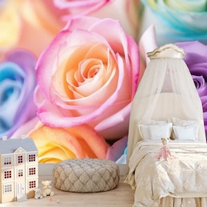 Rainbow Rose Floral Wallpaper Mural - Colorful Nursery Decor