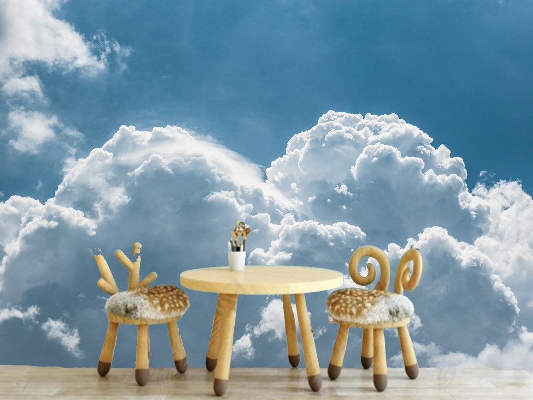 Sky Blue White Clouds Nursery Wallpaper Wall Mural Wall Decor Etsy