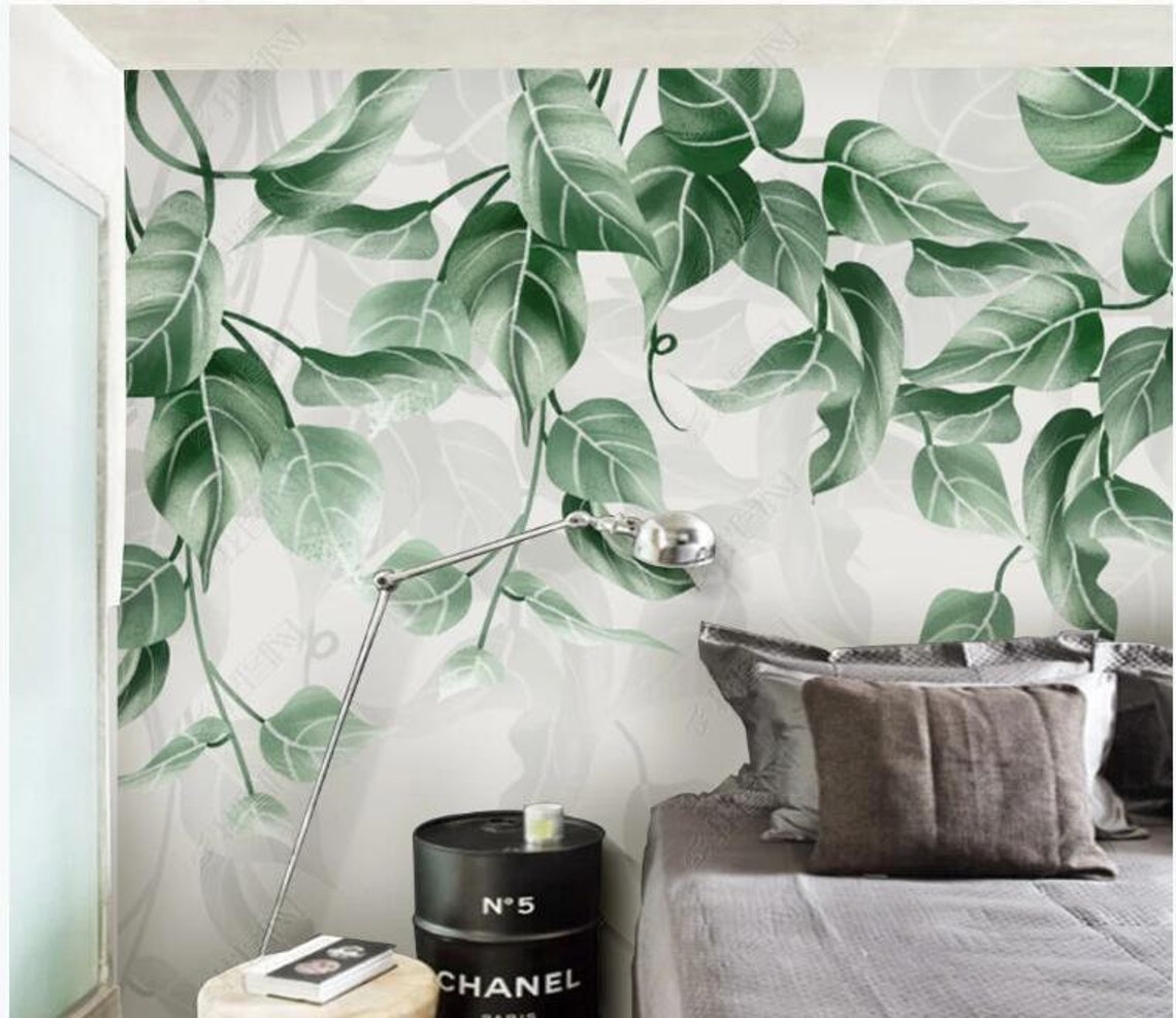 Hanging Several Green Leaves Wallpaper Wall Mural Spring - Etsy