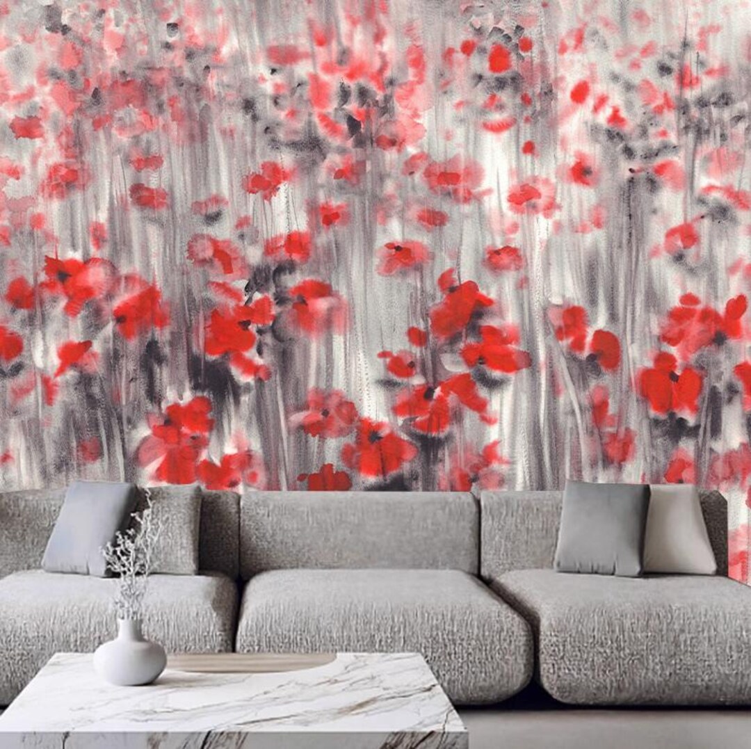 Red Poppy Field Flowers Floral Wallpaper Wall Mural Home Decor - Etsy