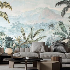 Tropical Rainforest Wallpaper Mural: Jungle Plants & Mountains